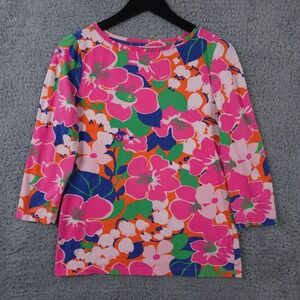 Talbots Shirt Womens Small Pink Blue Bright Floral 3/4 Sleeve Stretch Knit Top